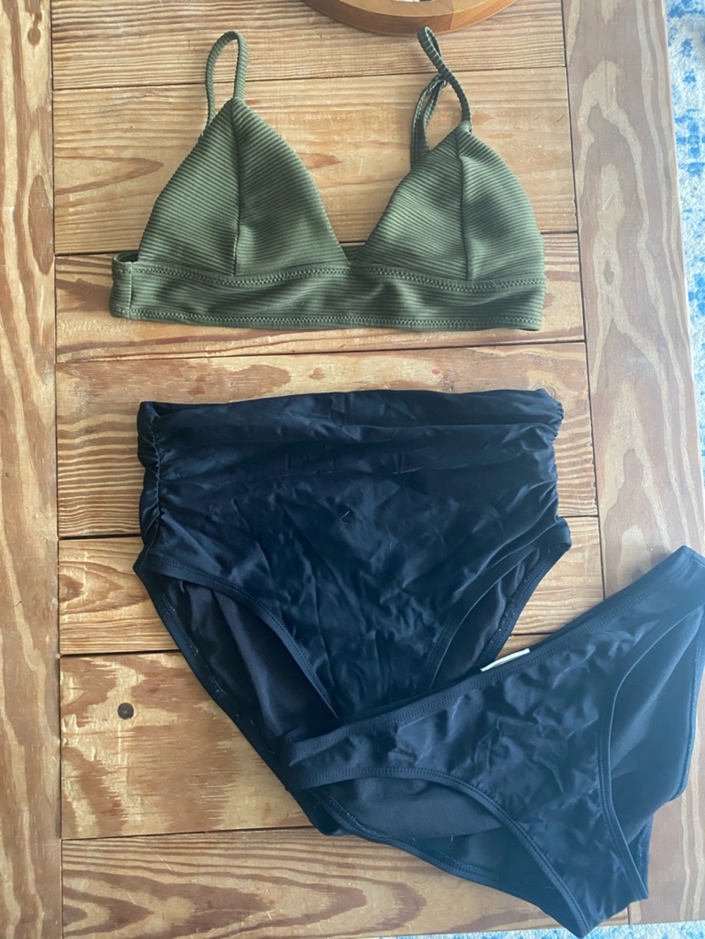 Olive Ribbed Triangle Bikini Top with Black High & Classic Bottoms